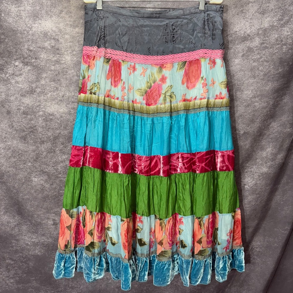 Mechant Silk Velvet Tiered Floral Patchwork Midi Skirt Size XL Boho Peasant